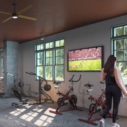 a woman in a gym with a tv